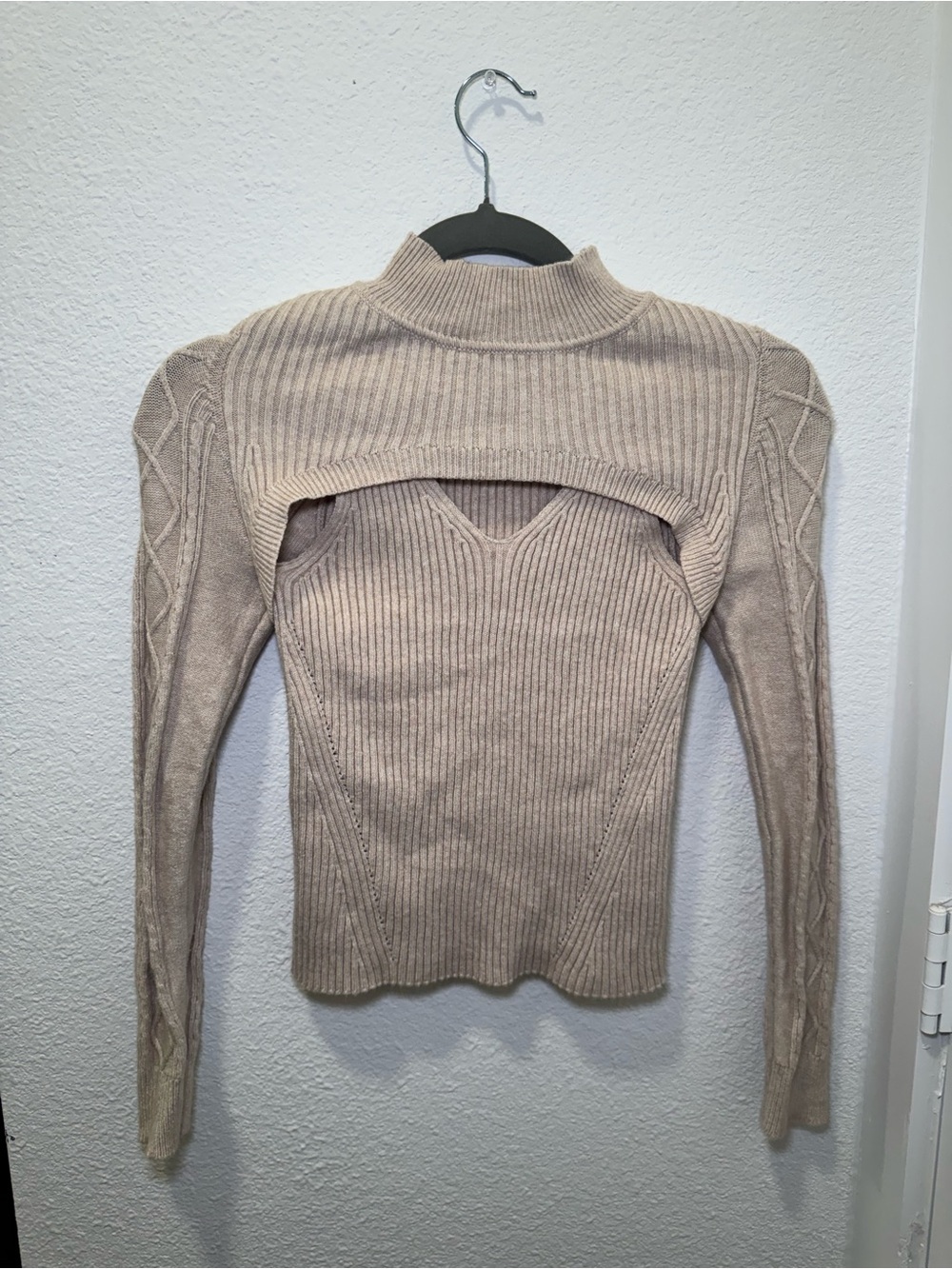 Jolie Neutral Beige Cutout Ribbed V-Neck Sweater